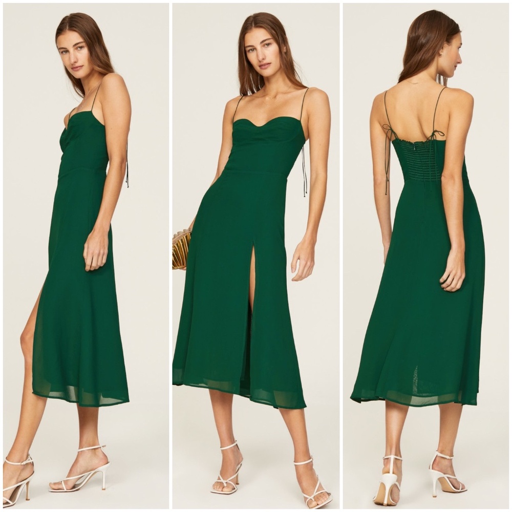 Reformation Juliette Dress Green Midi Side Slit Adjustable Strap Sleeveless - 8